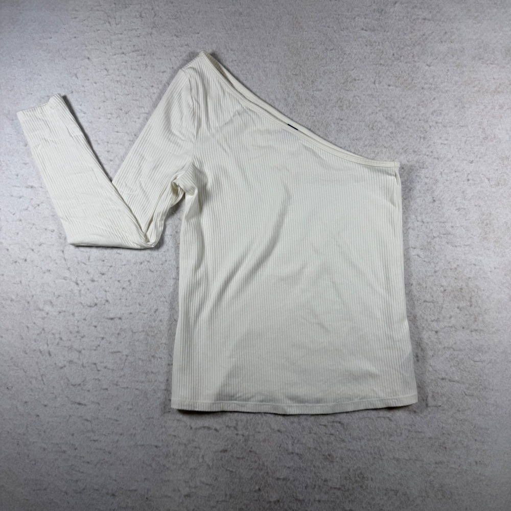 Old Navy Womens One Shoulder Long Sleeve Ribbed Top‎ Cream White Large